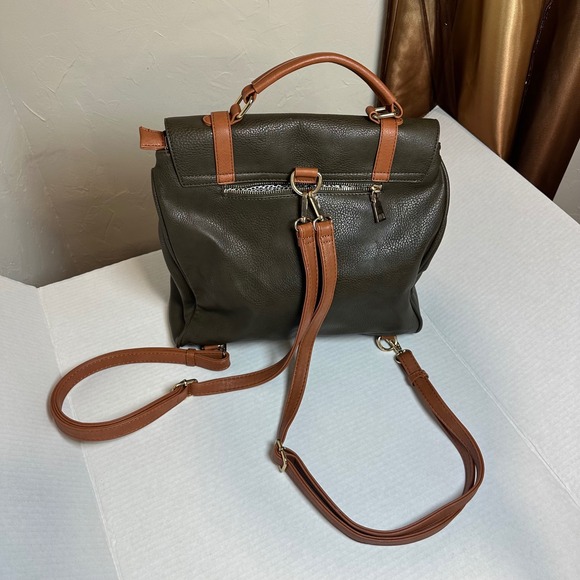 MMS Olive Green Cognac Brown Vegan Leather Convertible Backpack Satchel Bag - Picture 5 of 12
